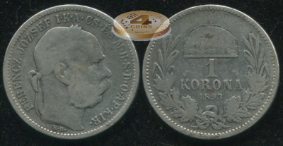 Австро-Венгрия [Венгрия]. 1 крона. 1893 (VF-. Серебро)
