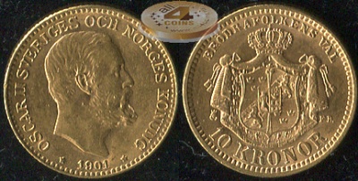 Швеция. 10 крон. 1901 (XF+/aUnc. Золото)