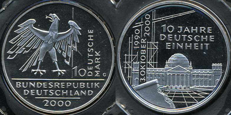 Германия (ФРГ). 10 марок. 2000 (G) (Proof. Серебро)