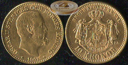 Швеция. 10 крон. 1901 (XF+/aUnc. Золото)