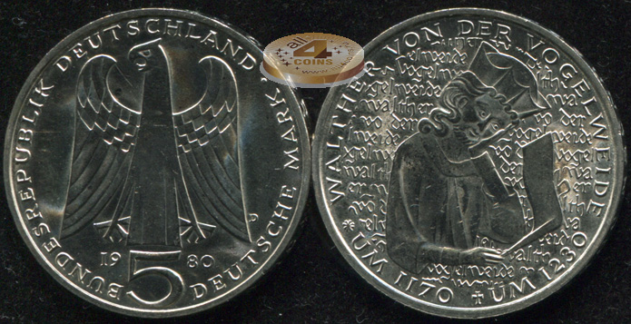 Германия [ФРГ]. 5 марок. 1980.D (Unc)