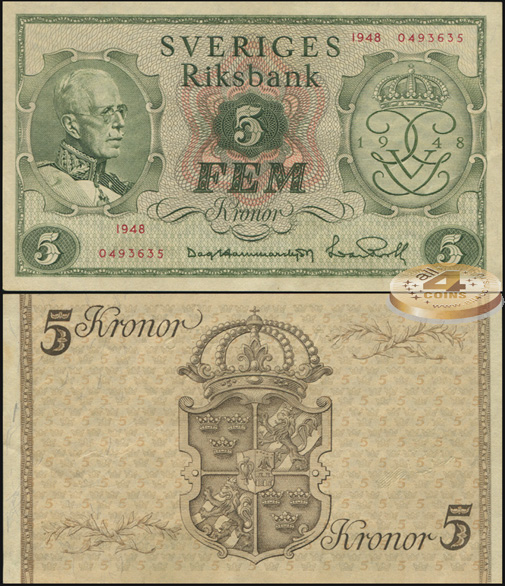 Швеция. 5 крон (Unc) 1948