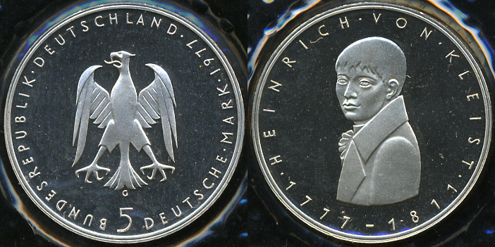 Германия (ФРГ). 5 марок. 1977 G (Proof) Серебро