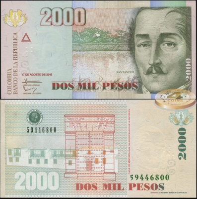 Колумбия. Банкнота 2000 песо. 17.08.2012(2014). Unc. Бумага. Кат.# P.457q
