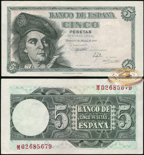 Испания. 5 песет (Unc) 1948