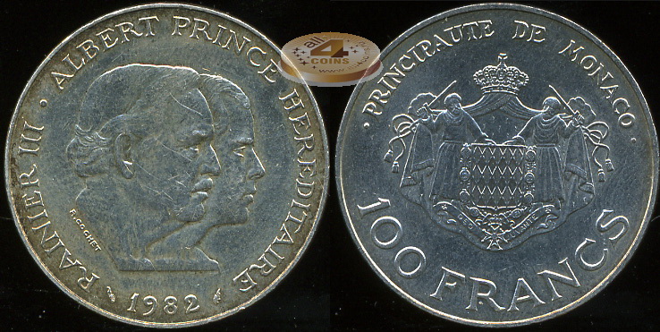 Монако. 100 франков. 1982 (aUnc. Серебро)