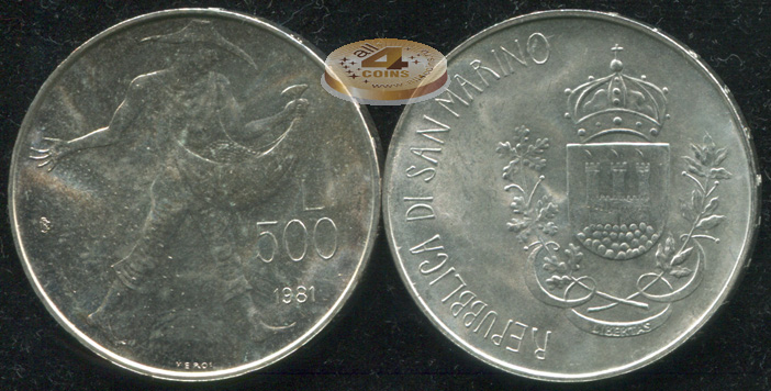 Сан-Марино. 500 лир. 1981 (Unc. Серебро)