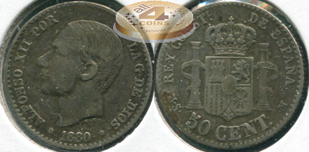 Испания. 50 центимов. 1880 (VF. Серебро)