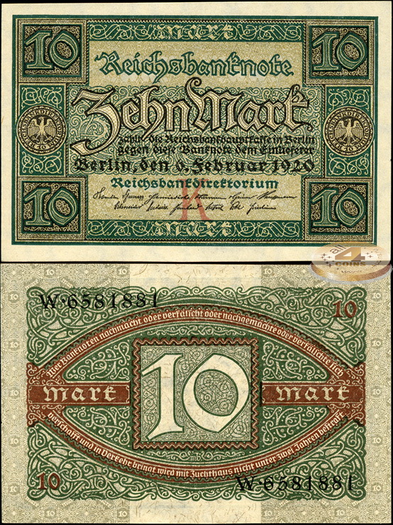 Германия (Веймарская респ.). 10 марок (Unc) 1920
