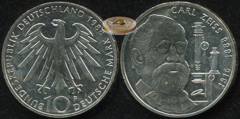 Германия [ФРГ]. 10 марок. 1988.F (Unc. Серебро)