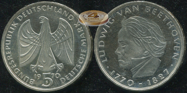 Германия [ФРГ]. 5 марок. 1970.F (Proof-. Серебро)