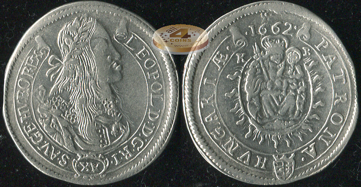 Венгрия. 15 крейцеров. 1662.KB (aXF. Серебро)
