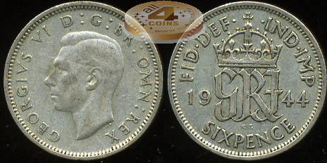 Великобритания. 6 пенсов. 1944 (VF. Серебро)