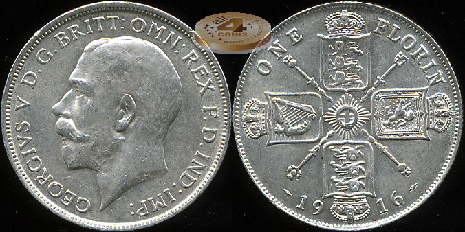 Великобритания. 1 флорин. 1916 (aUnc+. Серебро)