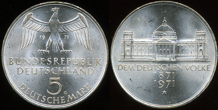 Германия (ФРГ). 5 марок. 1971 (Серебро)