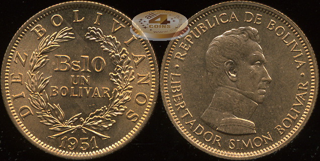 Боливия. 10 боливиано /1 боливар/. 1951 (Unc)