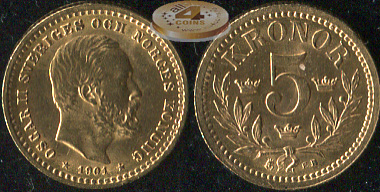 Швеция. 5 крон. 1901 (XF+/aUnc. Золото)