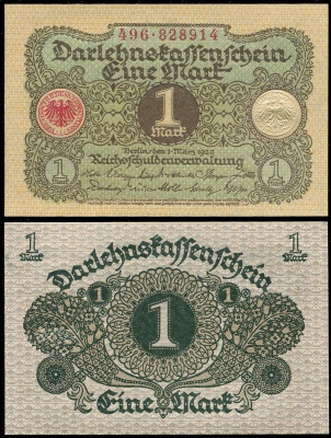 Германия [Веймарская респ.] Банкнота 1 марка 01.03.1920 Unc Бумага Кат# B.58a