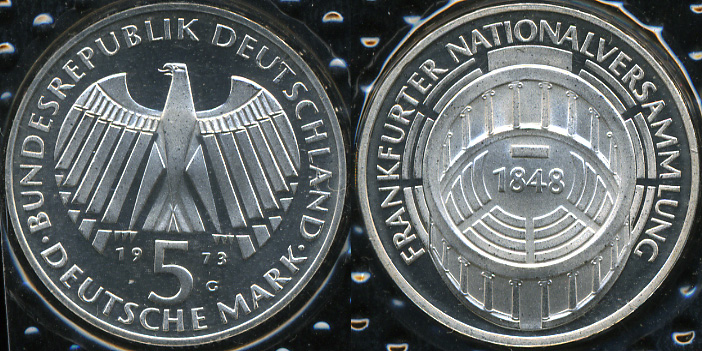 Германия (ФРГ). 5 марок. 1973 G (Proof) Серебро