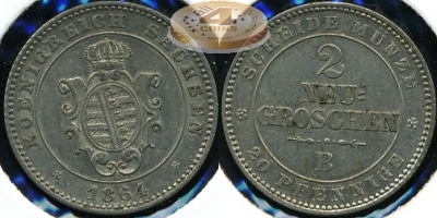 Германия (Саксония). 2 новых грошена (20 пфеннигов). 1864 (Серебро)