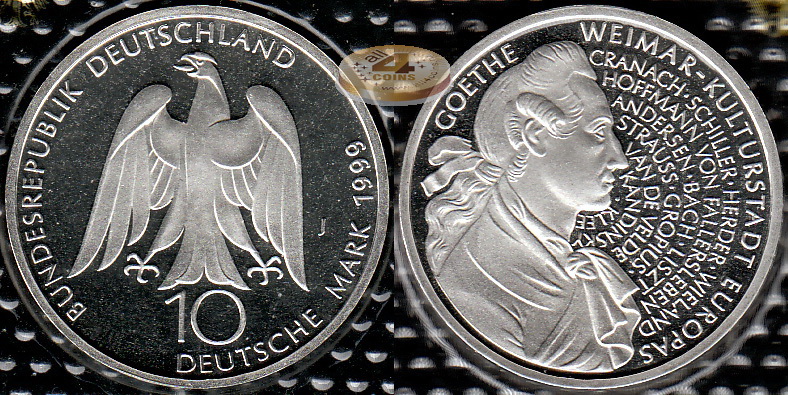 Германия (ФРГ). 10 марок. 1999 J (Proof. Серебро)