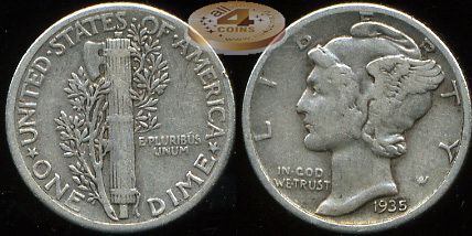 США. 10 центов (Дайм). 1935 (VF. Серебро)