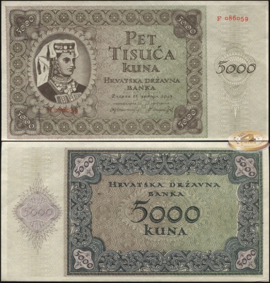 Хорватия. Банкнота 5000 кун. 1943(1944). aUnc. Бумага. Кат.# P.14a