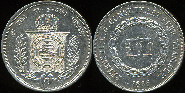 Бразилия. 500 рейс. 1863 (aUnc. Серебро)