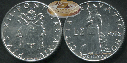 Ватикан. 2 лиры. 1952 (Unc)