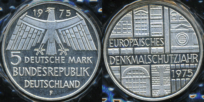 Германия (ФРГ). 5 марок. 1975 F (Proof) Серебро