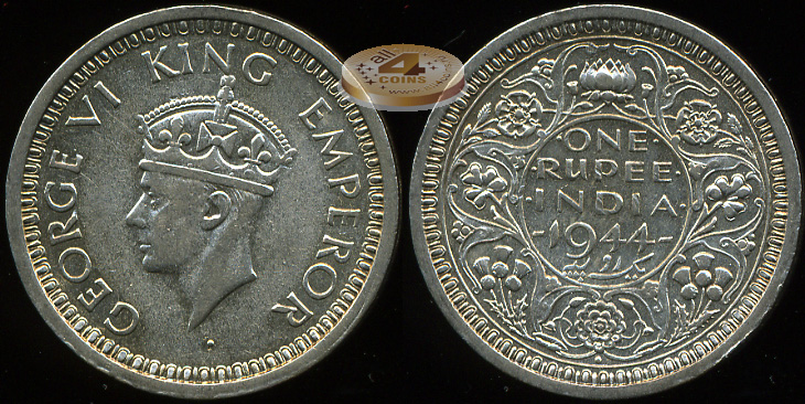 Британская Индия. 1 рупия. 1944 (XF+. Серебро)