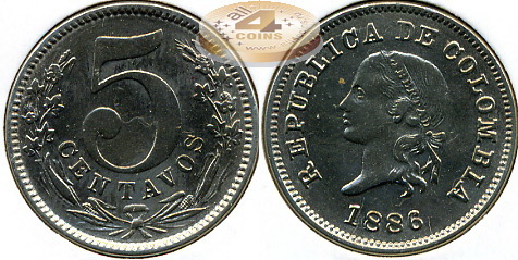Колумбия. 5 центаво. 1886 (XF+)