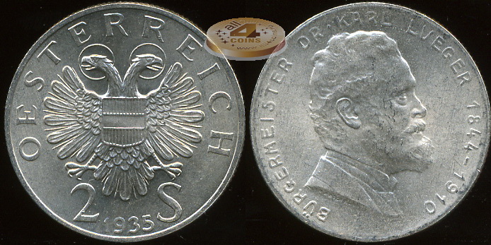 Австрия. 2 шиллинга. 1935 (Unc. Серебро)