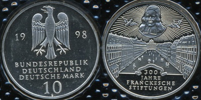 Германия (ФРГ). 10 марок. 1998 (G) (Proof. Серебро)