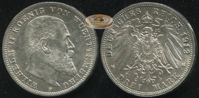Германия (Вюртемберг). 3 марки. 1914 F (aUnc. Серебро)