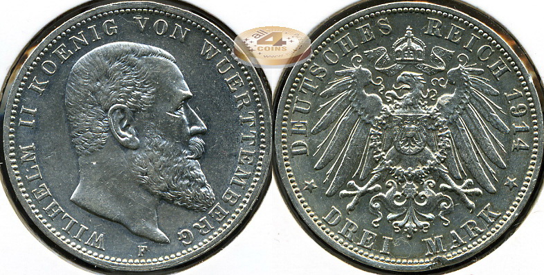 Германия (Вюртемберг). 3 марки. 1914 F (VF+. Серебро)