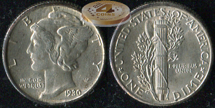 США. 10 центов (Дайм). 1930 (Unc. Серебро)
