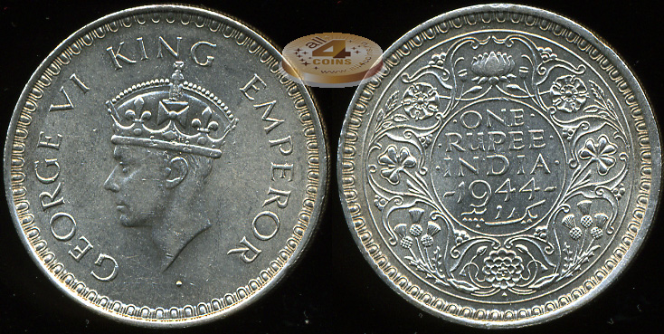 Британская Индия. 1 рупия. 1944 (Unc. Серебро)
