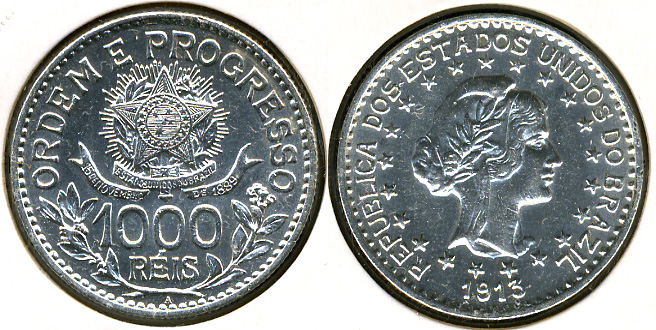 Бразилия. 1000 рейс. 1913 (Серебро)