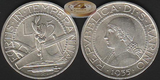 Сан-Марино. 5 лир. 1935 (aUnc. Серебро)