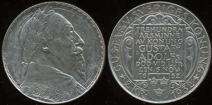 Швеция. 2 кроны. 1932 G (Unc. Серебро)