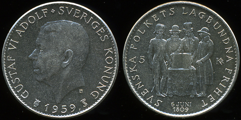 Швеция. 5 крон. 1959 (Unc. Серебро)