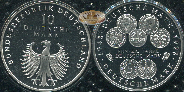 Германия (ФРГ). 10 марок. 1998 F (Proof. Серебро)