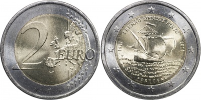 Португалия Монета 2 евро. 2011 (Unc. Биметалл) 500 лет со дня рождения Фернана Мендиша Пинту