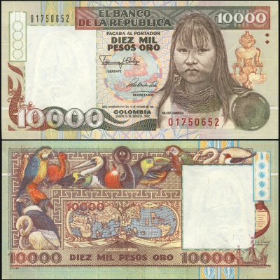 Колумбия. Банкнота 10000 песо оро. 1992. Unc. Бумага. Кат# P.437A