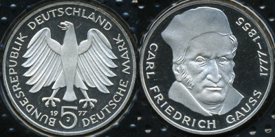 Германия (ФРГ). 5 марок. 1977 J (Proof) Серебро