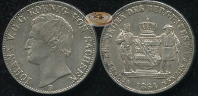 Германия (Саксония). 1 аусбойтеталер. 1864.B (XF. Серебро)