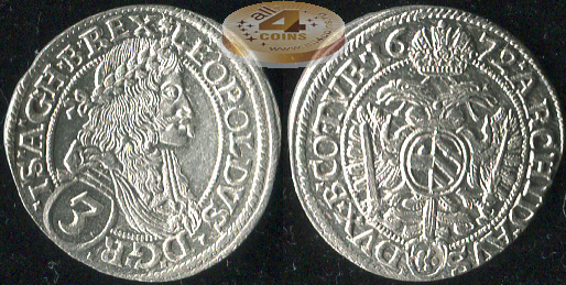 Австрия. 3 крейцера (Грошен). 1672 (Unc Серебро)