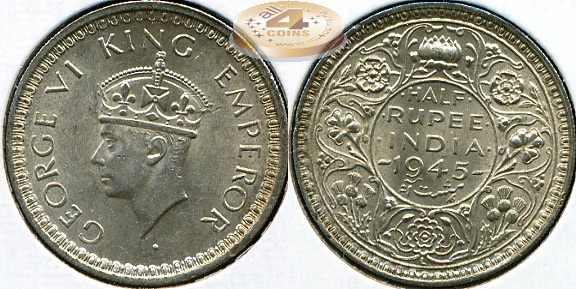 Британская Индия. 1/2 рупии. 1945 (Unc. Серебро)