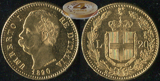 Италия. 20 лир. 1890.R (Unc. Золото)